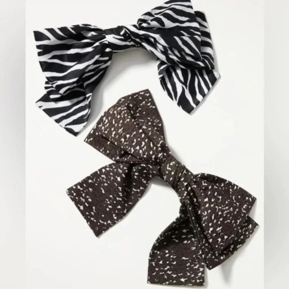 NWT Anthropologie Set of 2 Black Printed Bow Barette Set